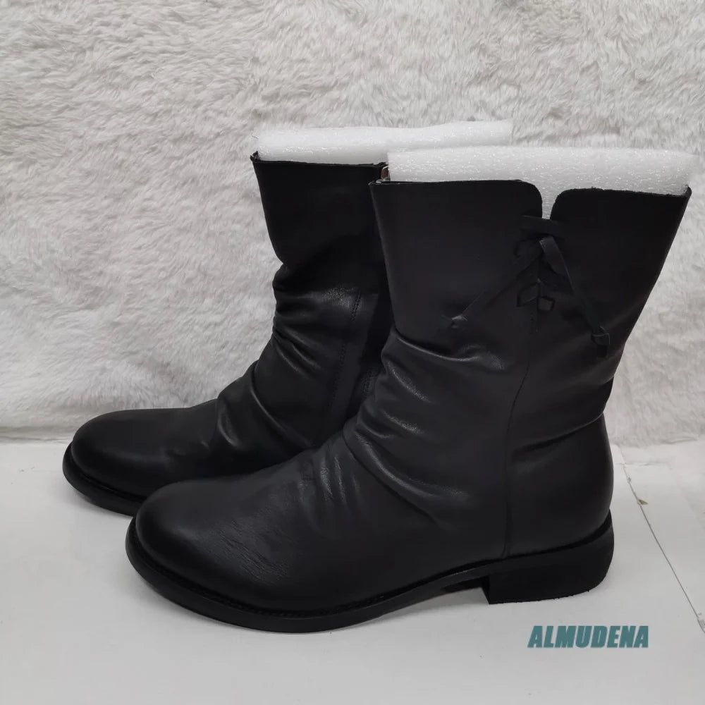 WRINKLE NOIR - Men's Vintage Black Leather Ankle Boots - Side Zipper, Round Toe, Low Heel