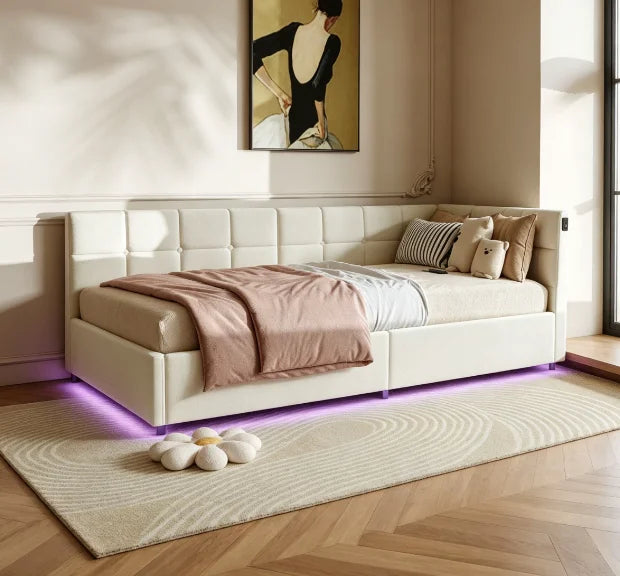 Upholstered Sofa Bed 90x200cm – LED, USB, Hydraulic Storage, Velvet