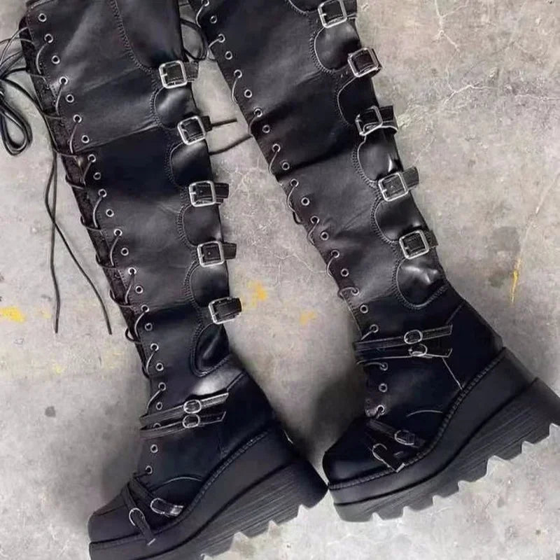 Punk Over-Knee Platform Boots – Belt Buckle Goth