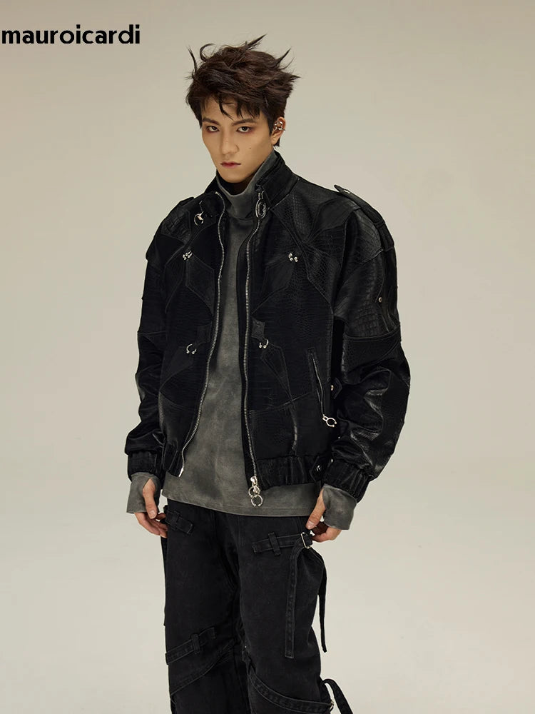 CROC EDGE - Men's Short Crocodile Print PU Leather Jacket - Black, S–XL