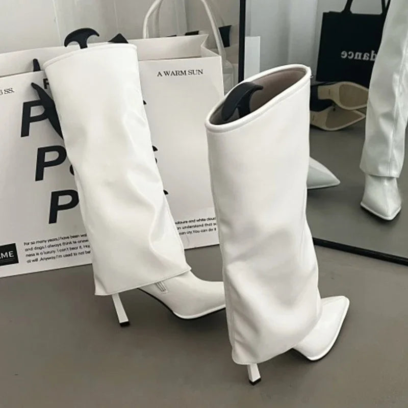 Pleated Knee-High Boots – Thin Western Heel