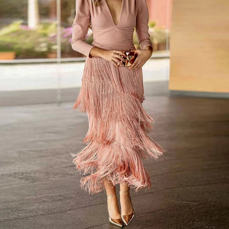 Long Sleeve Spliced Tassel Party Dresses Woman Elegant Deep V Neck Sheath Long Dress Fashion Solid Pleated Bohemian Dress