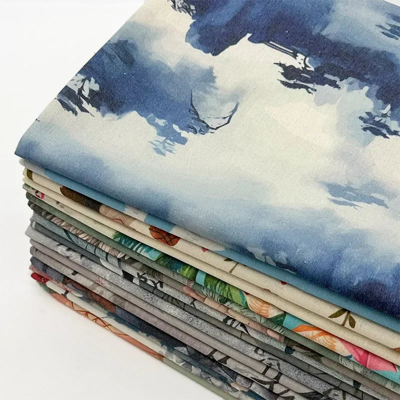 0.5m/1m/2m Encrypted Cotton Linen Retro Chinese Ink Style Fabric for Decorative Cloth, Tablecloths, Curtains, Handmade DIY Fabric