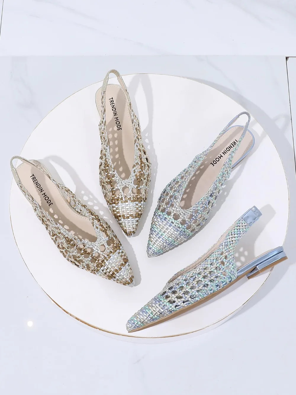 Trendy Mode Women's Braided Pointed Toe Slingback Fashion Flat Bottom Elastic Backstrap Sandals (runs one size small)
