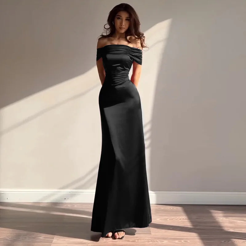 Retro Off-the-shoulder Panel Design Back Bandage Yellow Satin A-line Skirt Luxury Slim Folds Long Dress Party Prom Vestidos Robe