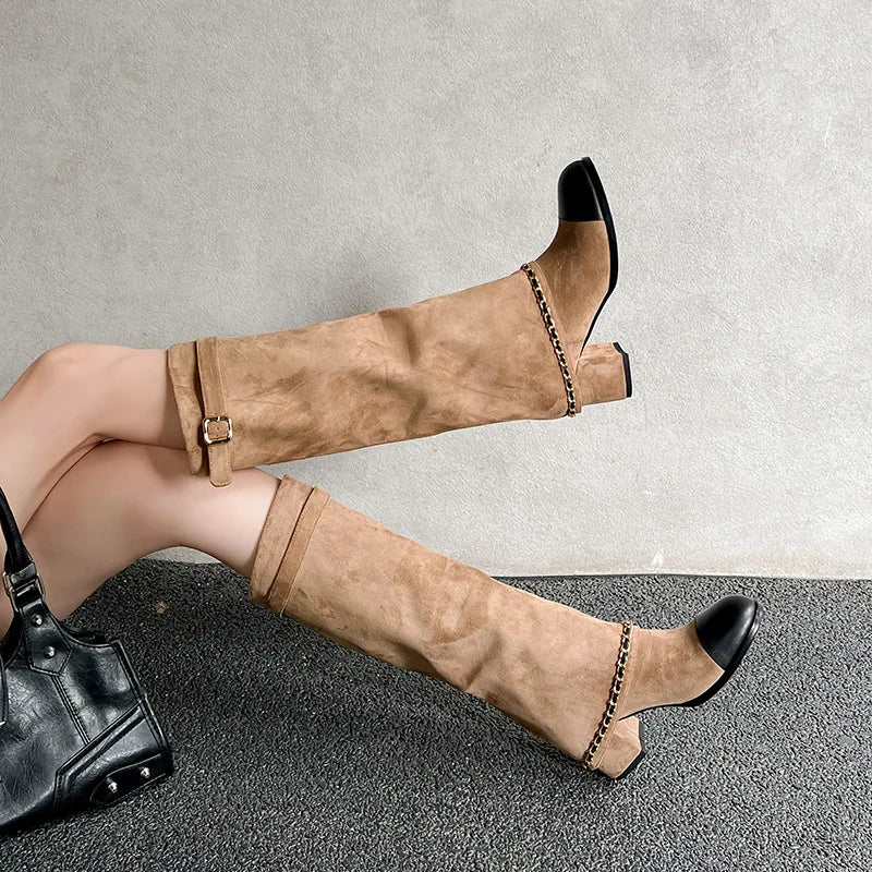 Suede Knee-High Boots – Turned-Over Edge Chunky Heel