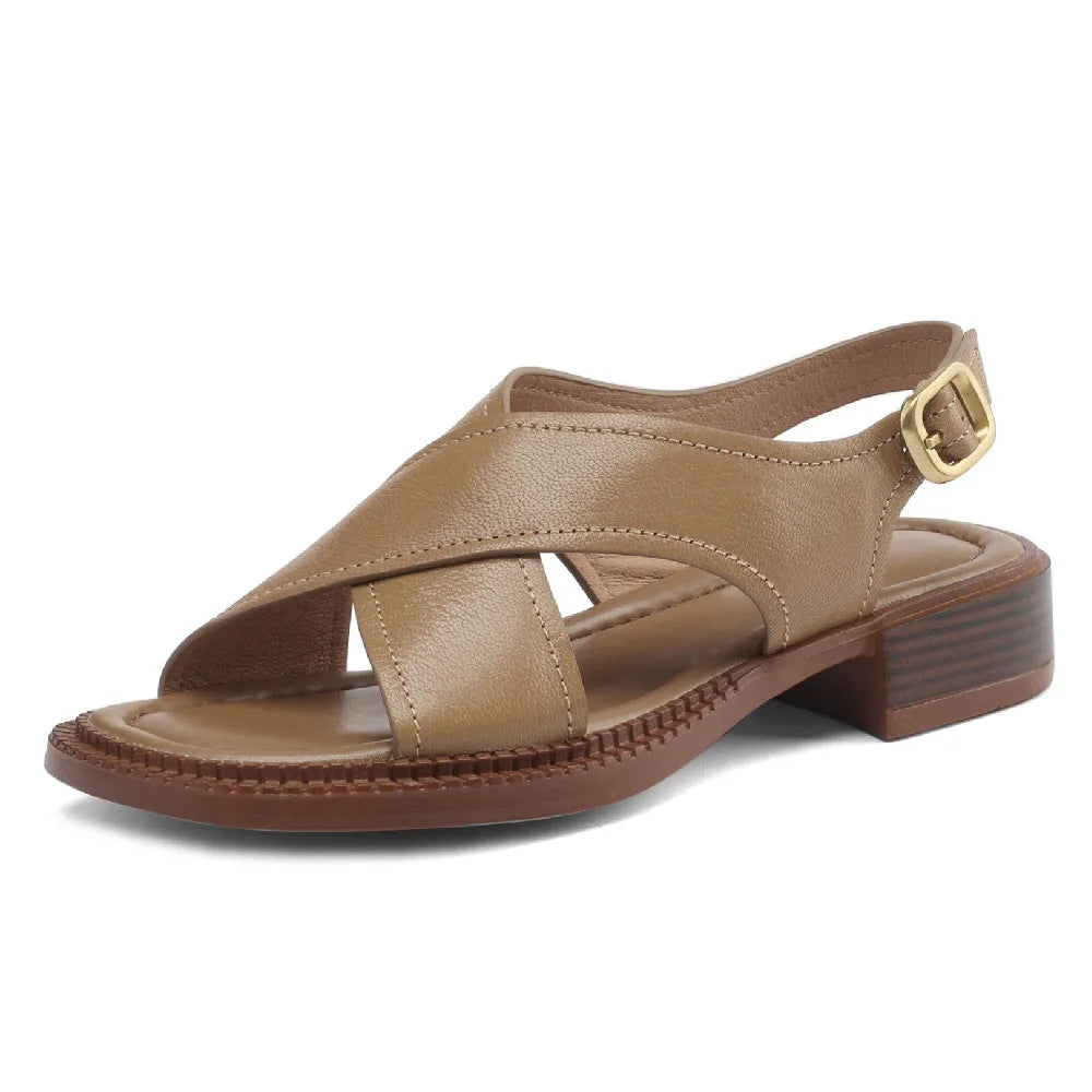 Women's flat sandals genuine leather cross strap open-toe summer casual female footwear high quality soft comfortable plus size