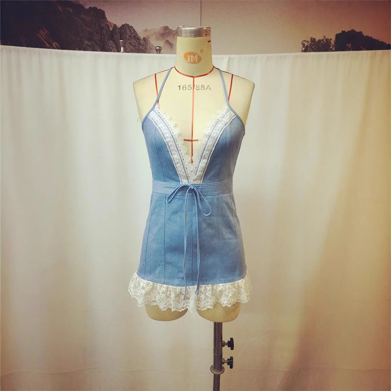 Sexy Lace Denim Sleeveless Suspender Patchwork Dress High Waist Mini Dress Lace-up Ruffled Denim Elegant A-Line Party Dresses