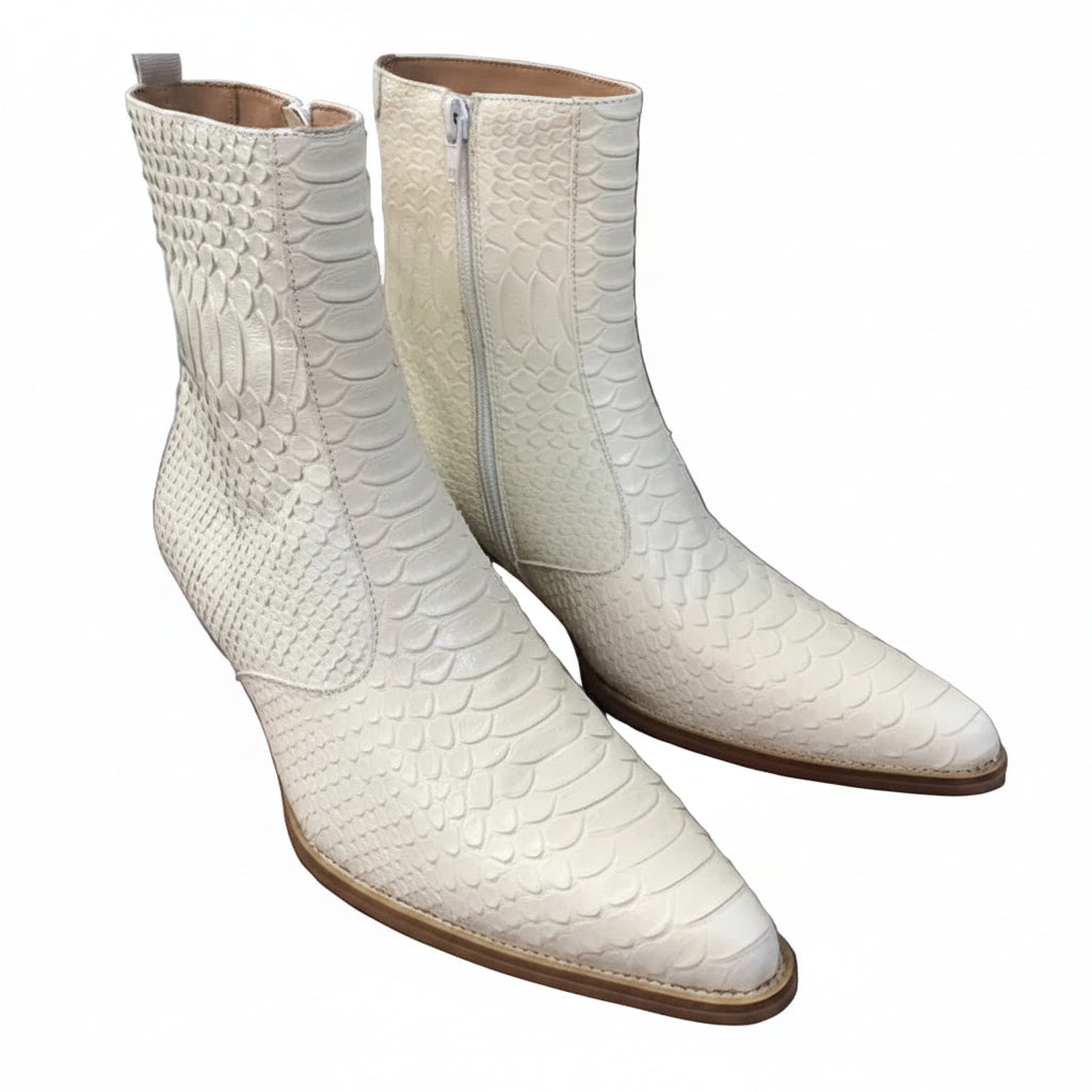 SNAKESKIN POINTED BOOTS - Men's Handmade Cow Leather Zipper Ankle Boots Snakeskin Print Party Style - Low Heel
