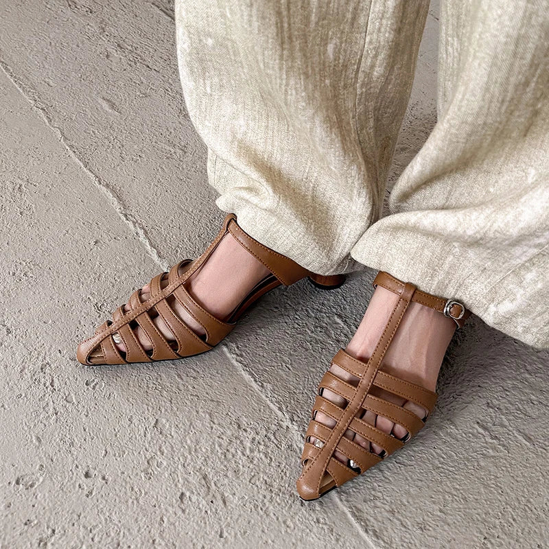 2026 New Summer Slippers Pointed Toe Women Shoes Fashion Hollow-out Mules High Heels Ladies Shoes Handmade Women's Slippers
