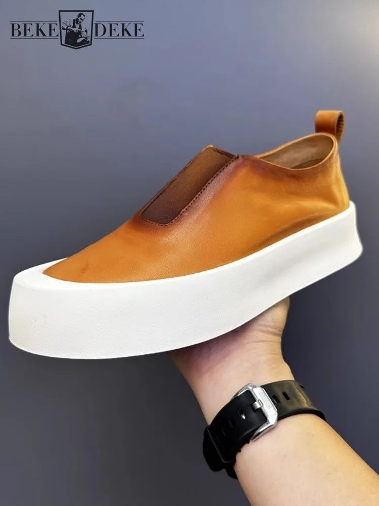 SKATE NOBLE - Men's Cowhide Leather Slip-On Loafers - Vintage Round Toe, Thick Platform