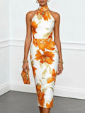 2026 Women's Sexy Slim Fit Hip-covering Floral Printed Halter Dress
