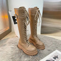 Lace-Up Knee-High Platform Boots – Belt Buckle