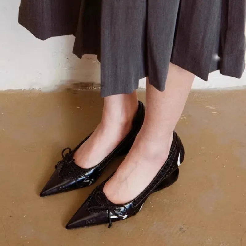 New Bow Mary Jane Sport Retro Pointed Toe Shallow Mouth Splice Surface Suspension Heel Anti-Slip Wear-Resistant High Heels