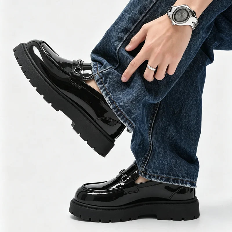 SLIP CHIEF - Men's Height-Increase Slip-On Loafers - Waterproof Split Leather Business Casual Shoes in Black & Bright Black