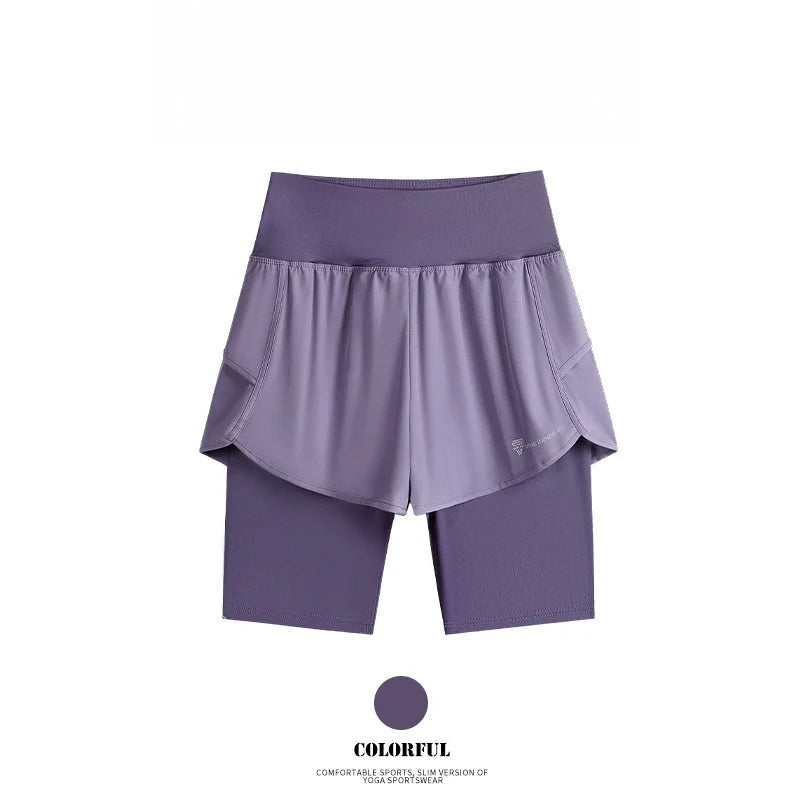 DRUR Yoga Shorts Women Summer Fake Two Piece High Waist Loose Gym Shorts With Pocket Ladies Lightweight Fitness Running Clothes