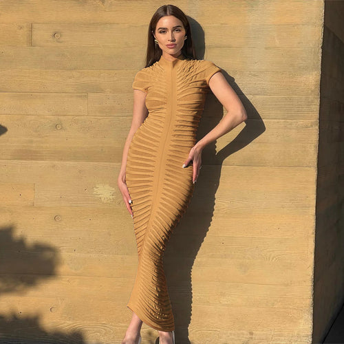 3D Ribbed Bandage Bodycon Maxi Dress