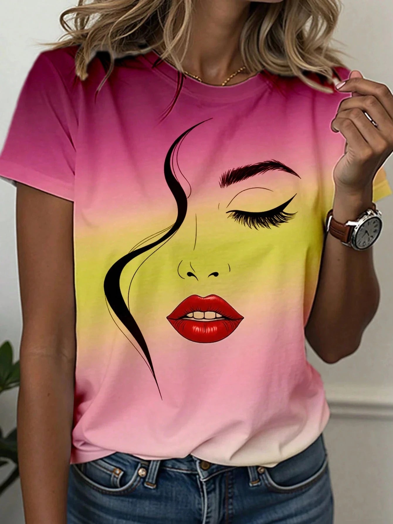 Abstract Face Gradient Color 3D Print T-Shirts Women's Casual Short Sleeve T Shirt O-Neck Tees Harajuku Y2K Tops Female Clothing