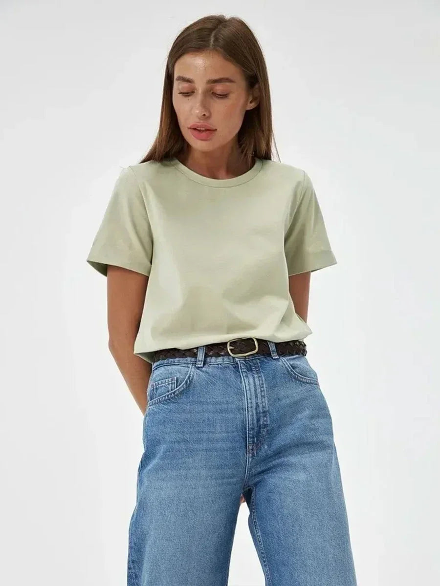 Bornladies Summer 100% Cotton Women's T-shirt Basic Fashionable Solid Lady Short Sleeve Loose Tops 230g/㎡