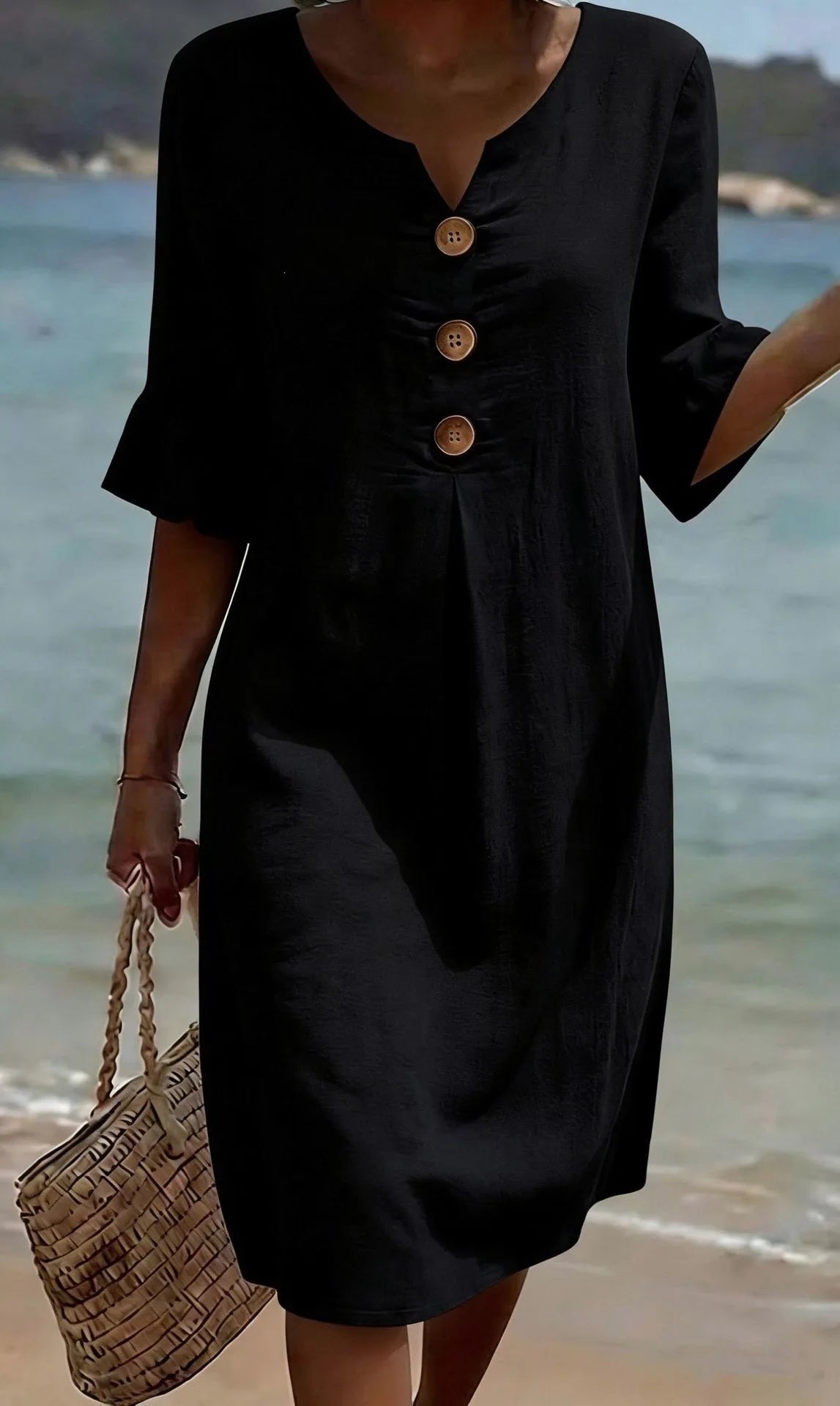 2026 Amazon European and American Cross-Border Spring and Summer New Cotton and Linen V-Neck Dress with Large Buttons and Ruffle