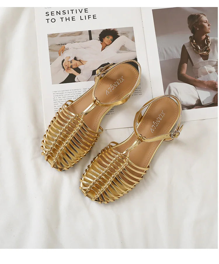 Band Flat Sandals Women Summer Round Toe Ankle Buckle Hollow Roman Sandal Plus Size Beach Shoe