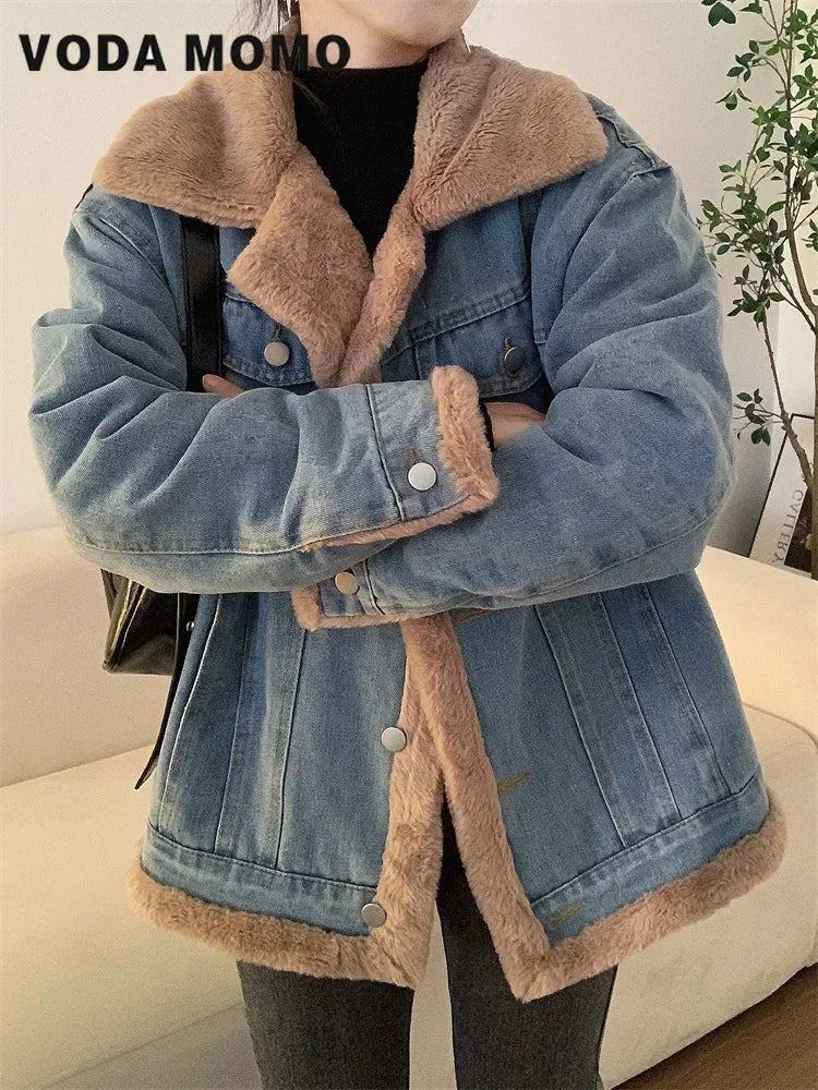 Fur Collar Denim Jacket – Fleece Lined Retro Casual