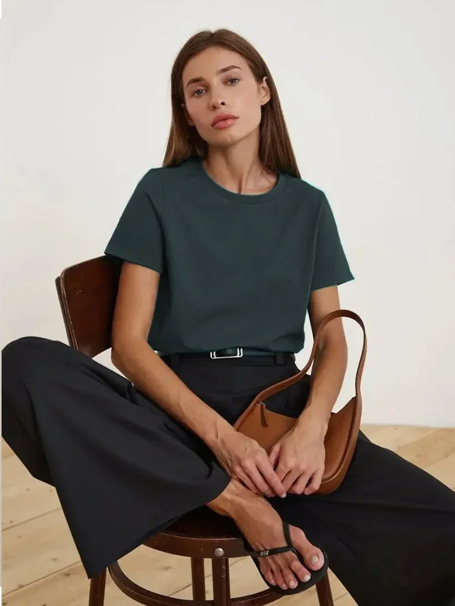 Bornladies Summer 100% Cotton Women's T-shirt Basic Fashionable Solid Lady Short Sleeve Loose Tops 230g/㎡