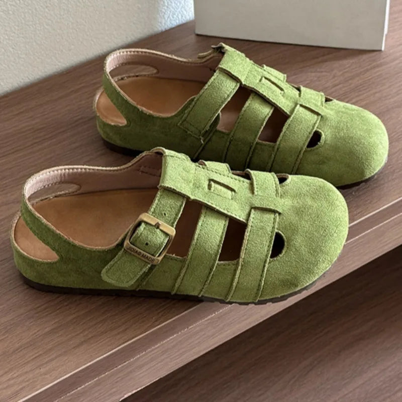 Women's Casual Round Head Flat Shoes Summer New Baotou Cow Suede Metal Buckle Soft Sole Anti-slip Wear-resistant Sandals
