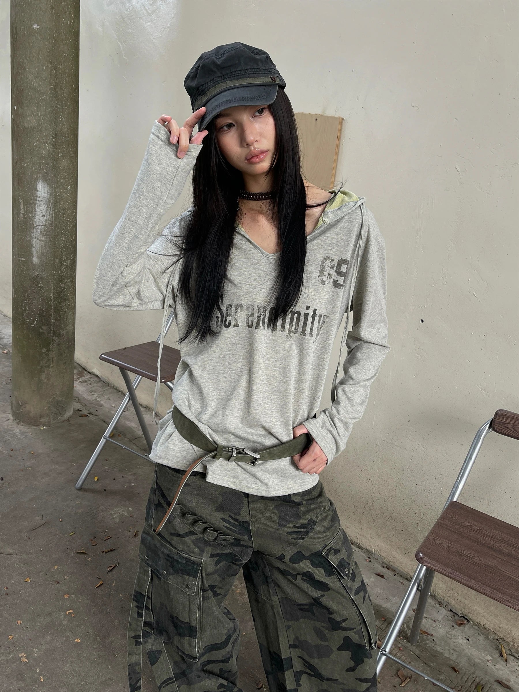 Genayooa Vintage Graphic Tops Women Long Sleeve Y2k Japanese T Shirt With Hooded Streetwear American Retro Grunge Tops E-girls