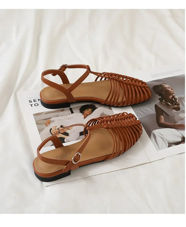 Band Flat Sandals Women Summer Round Toe Ankle Buckle Hollow Roman Sandal Plus Size Beach Shoe