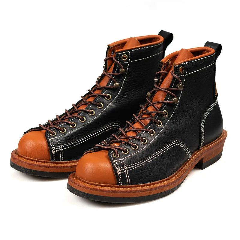 Men's Genuine Leather Motorcycle Boots - Handmade Goodyear Welted Round Toe Ankle Boots