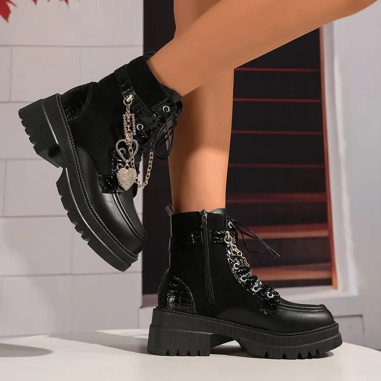 Metal Chain Mid-Calf Boots – Square Heel