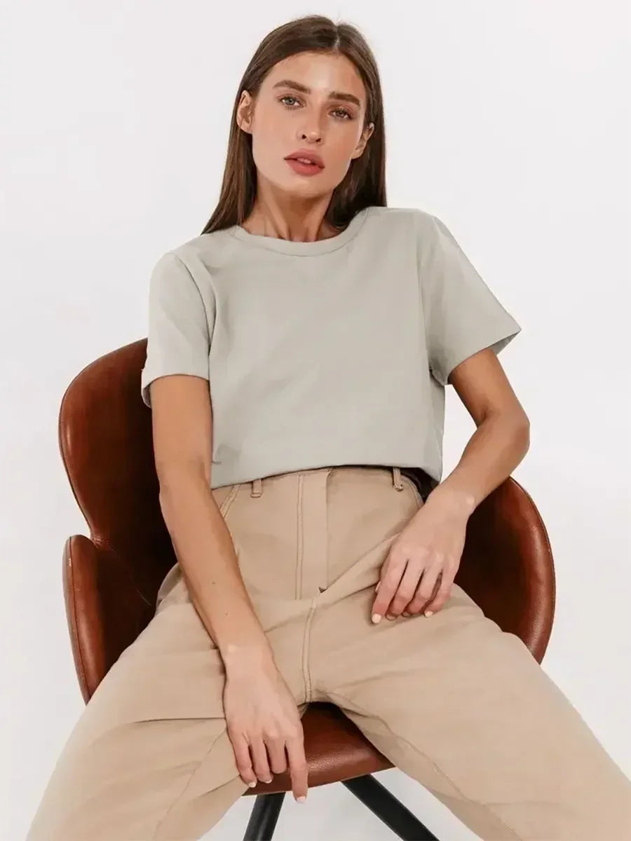Bornladies Summer 100% Cotton Women's T-shirt Basic Fashionable Solid Lady Short Sleeve Loose Tops 230g/㎡
