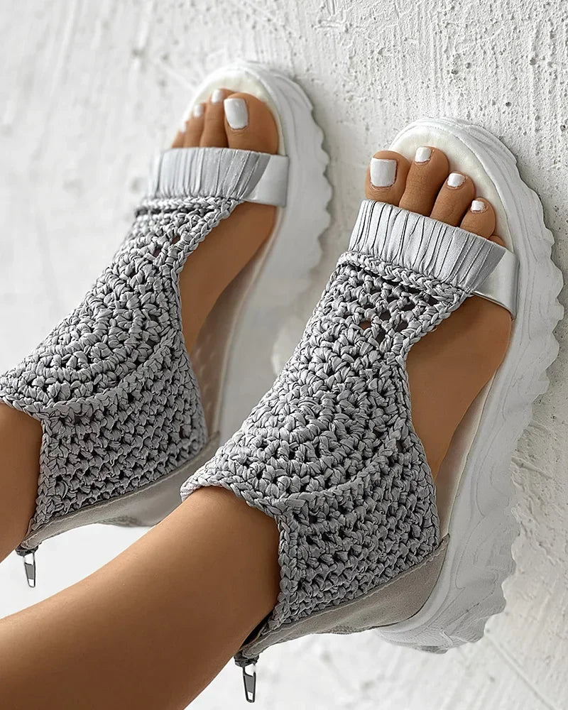Hot Seller Gold Knitted Sandals for Women Braided Elastic Summer Shoe Mesh Flat Bottom Hollow Out Female Sandals Sandalias Mujer