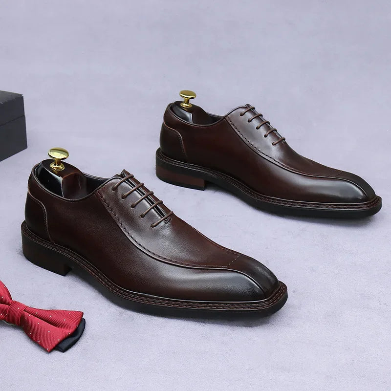 Men's Genuine Cowhide Leather Oxford Shoes - Formal Lace-Up British Style Wedding Dress Shoes