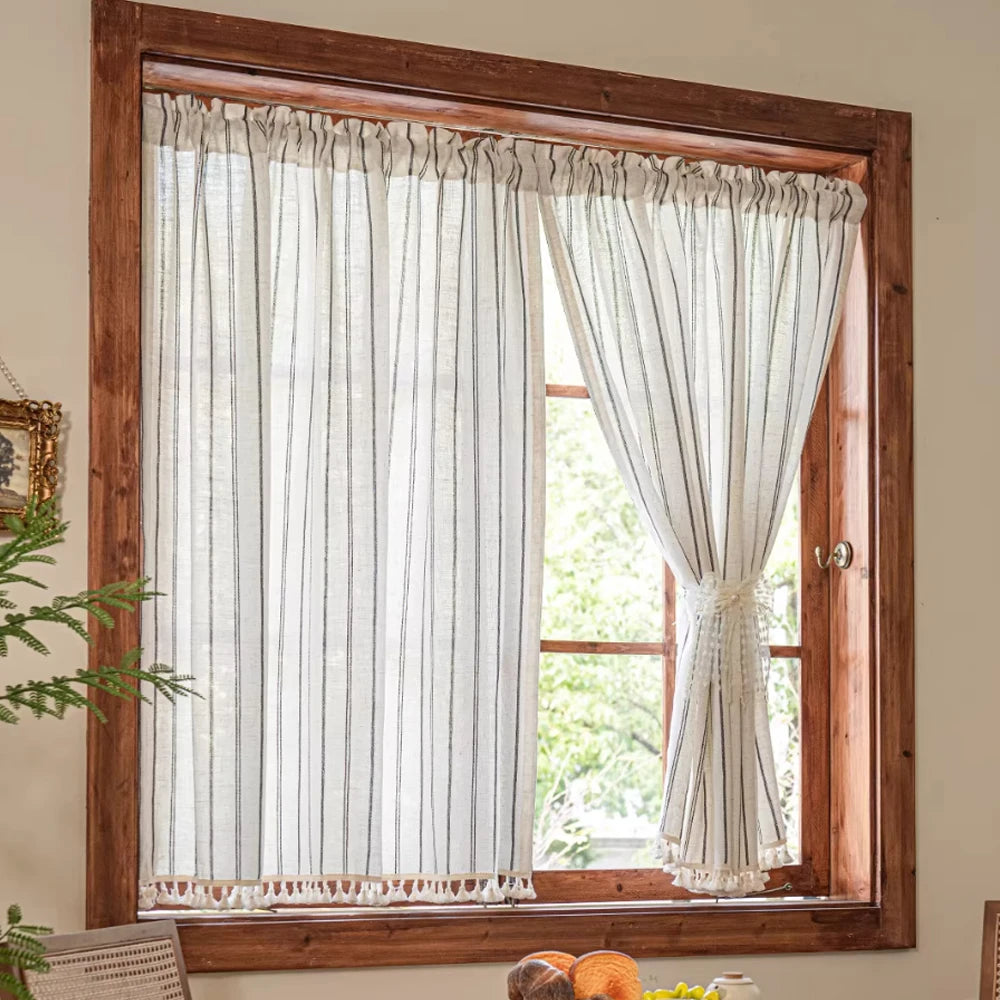 Japanese Style Linen Cotton Curtain, Tassel Fringe Pattern, Coffee Lace Curtains, Farmhouse Balcony Half Curtain, Korean Partiti