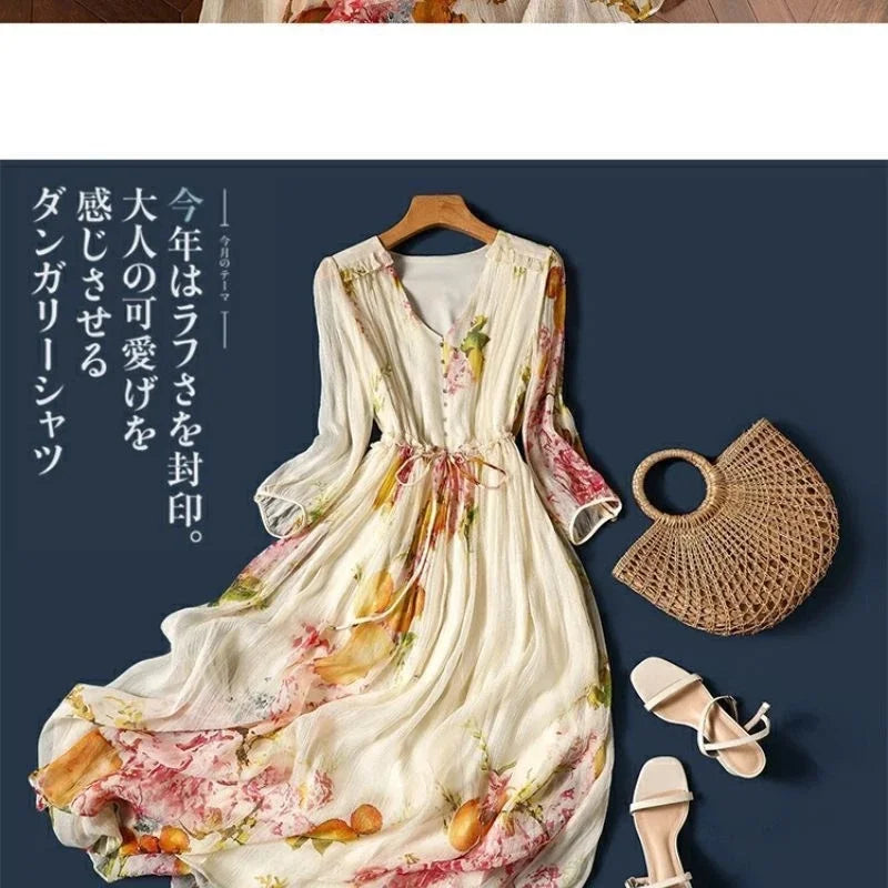 High End Floral Slimming Dress for Women's Spring and Summer 2025 New Print V-neck Oversized Vacation Long Skirt Over the Knee
