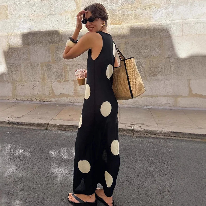 Tornova 2025 Polka Dot Knitted Maxi Dress Female Sleeveless Bohemian Beach Perspective Long Dress Straight Tank Dress Summer New
