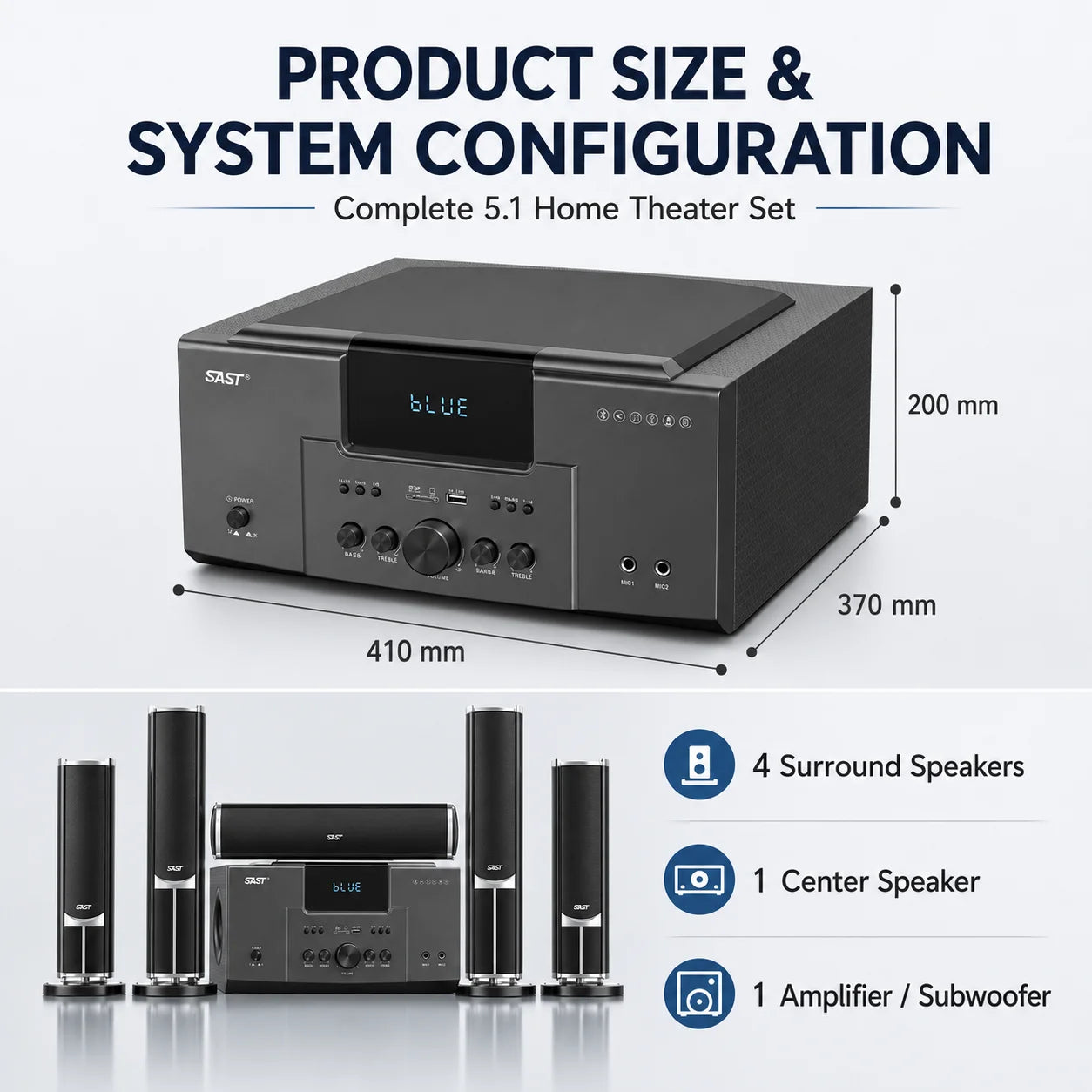 160W Home Theater 5.1 – Bluetooth Speaker 8 Inch Subwoofer Karaoke TV