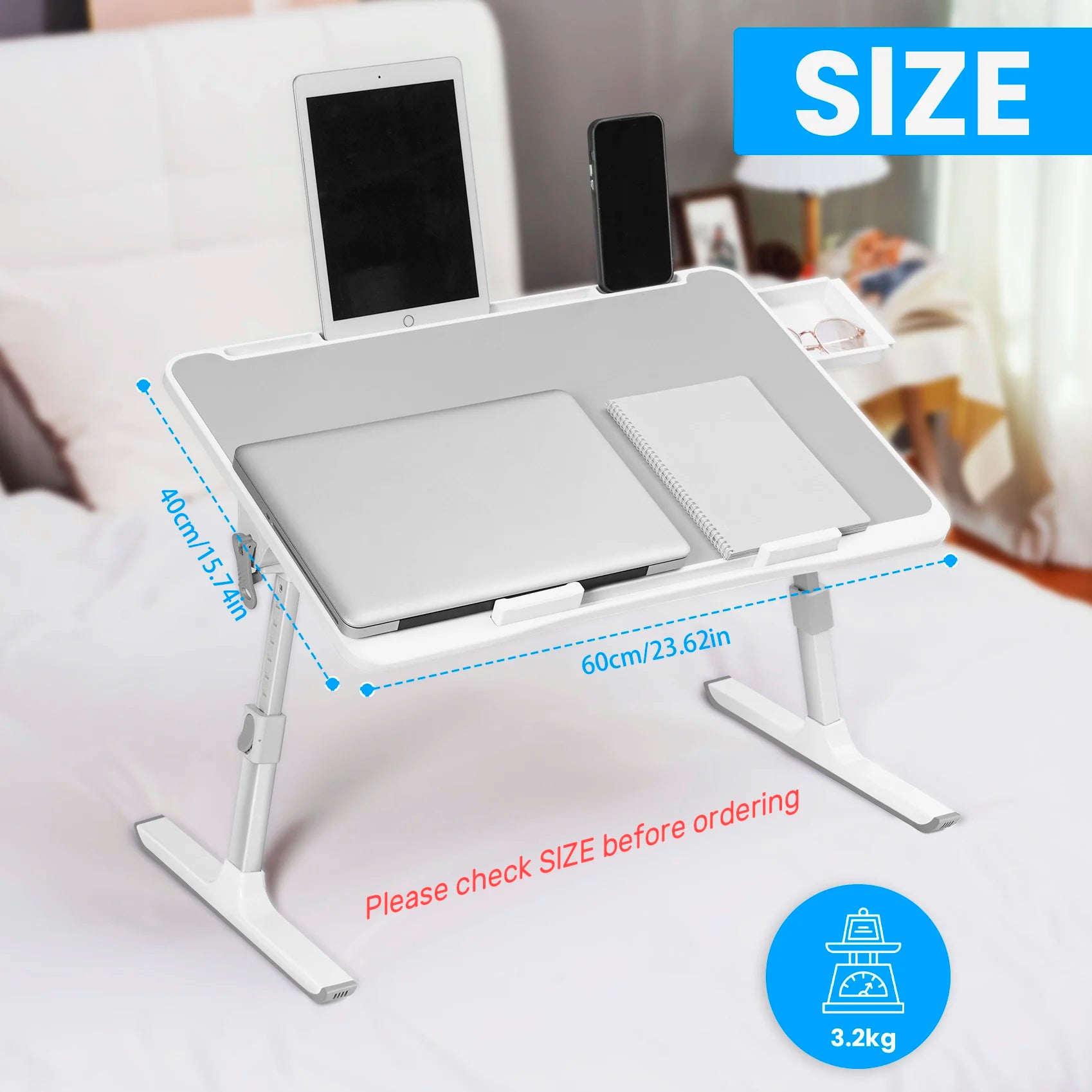 Folding Lap Desk 60x40cm – Adjustable Height & Angle, Drawer