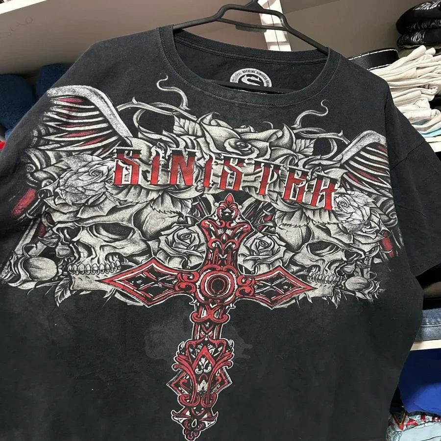 Affliction Skull Cross Long Sleeve Tee - Y2K Gothic Oversized