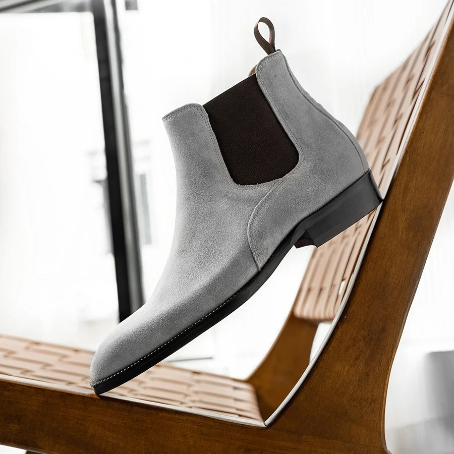 Men's Cow Suede Chelsea Boots - Square Toe Slip-On British Style Ankle Boots