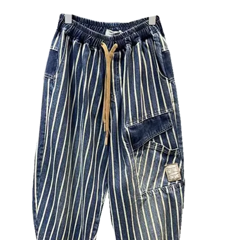 Large size 300 pounds trendy vertical striped workwear denim men's summer elastic waistband nine point harem pants