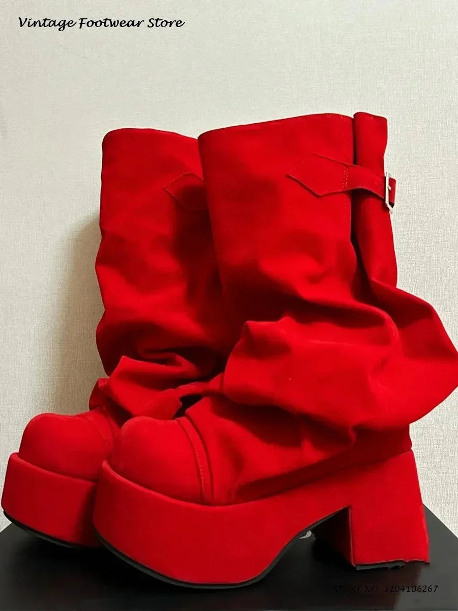 Patchwork Pleated Suede Knee-High Platform Boots