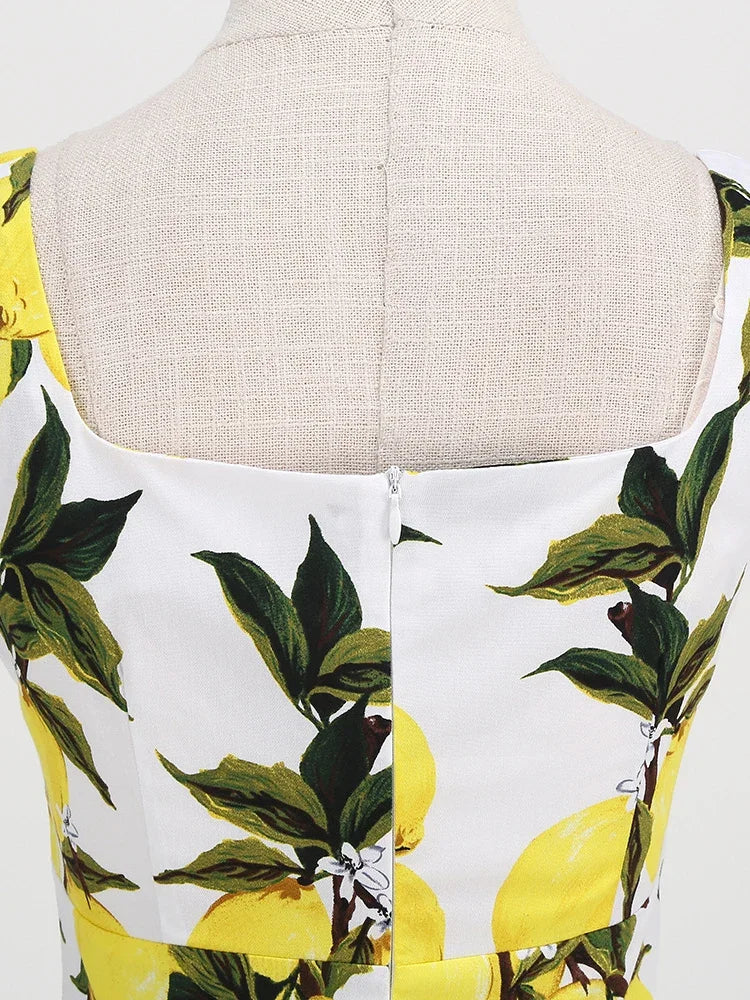 2025 New Hepburn Vintage Lemon Print 50s Pinup Women Cotton Dresses Square Neck Summer Sleeveless High Waist Elegant Party Dress