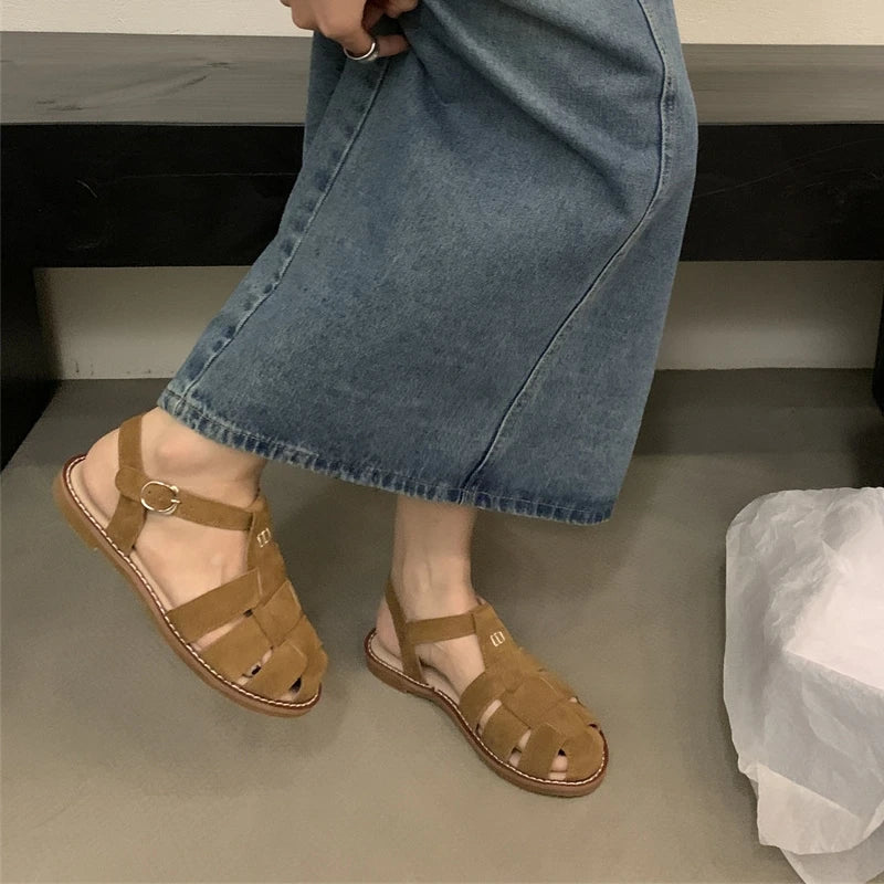 DIMANYU Women's Roman Sandals 2023 Summer New Flat Retro Real Leather Ladies Sandals Hollowed Women's Cage Shoes