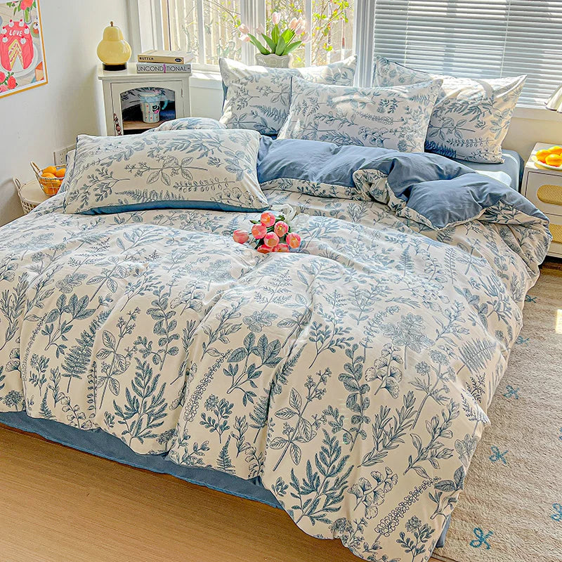 FLORAL DOUBLE YARN DUVET COVER - Washed Polyester, 14 Patterns - Soft Nights