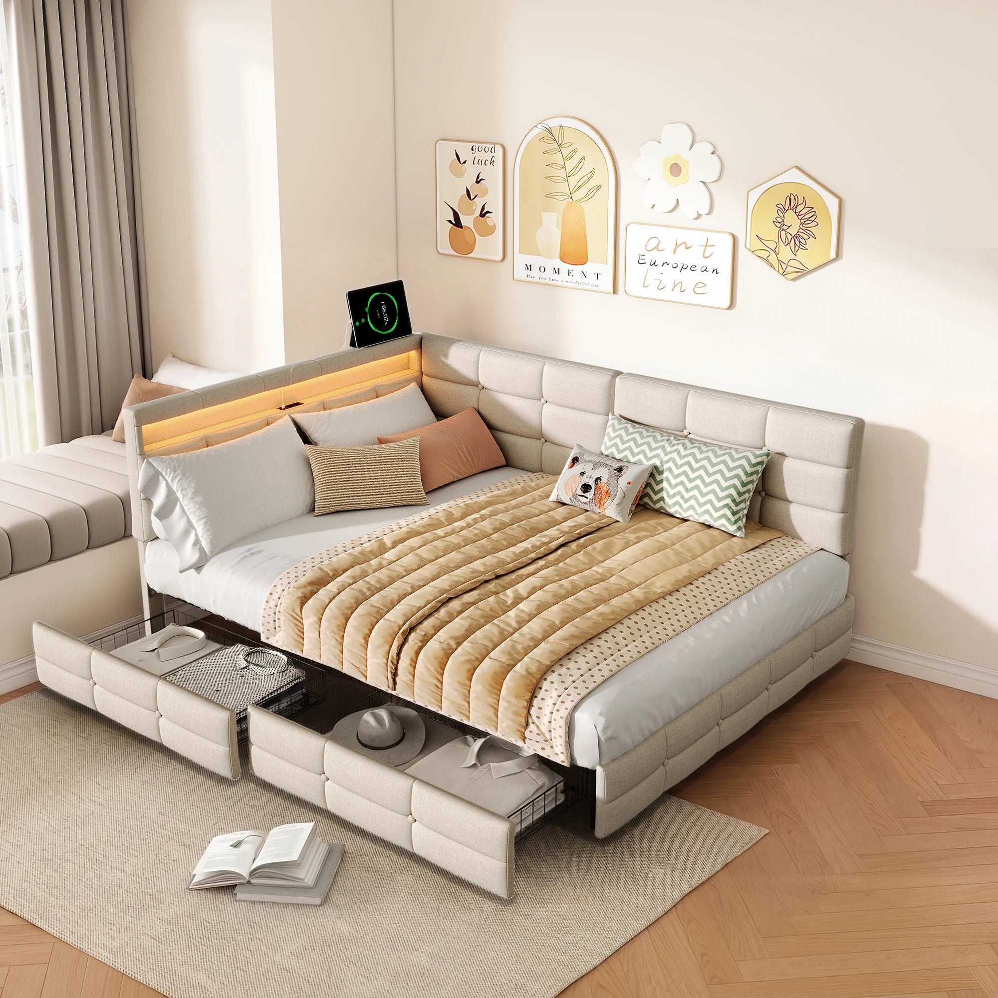L-Shaped Upholstered Bed Frame – USB, LED & Storage