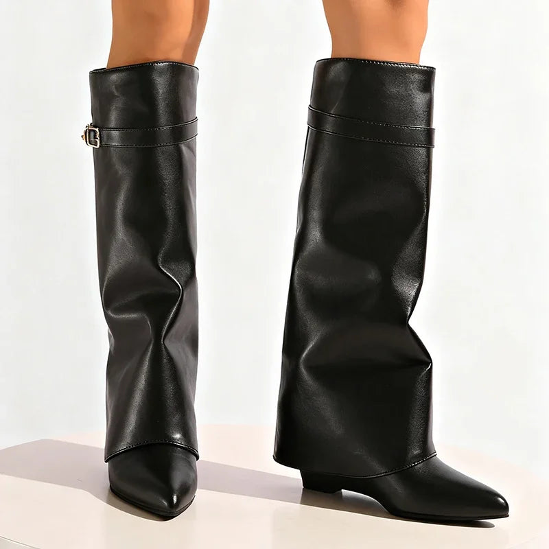 Metal Decor Wedge Knee-High Boots – Street Punk