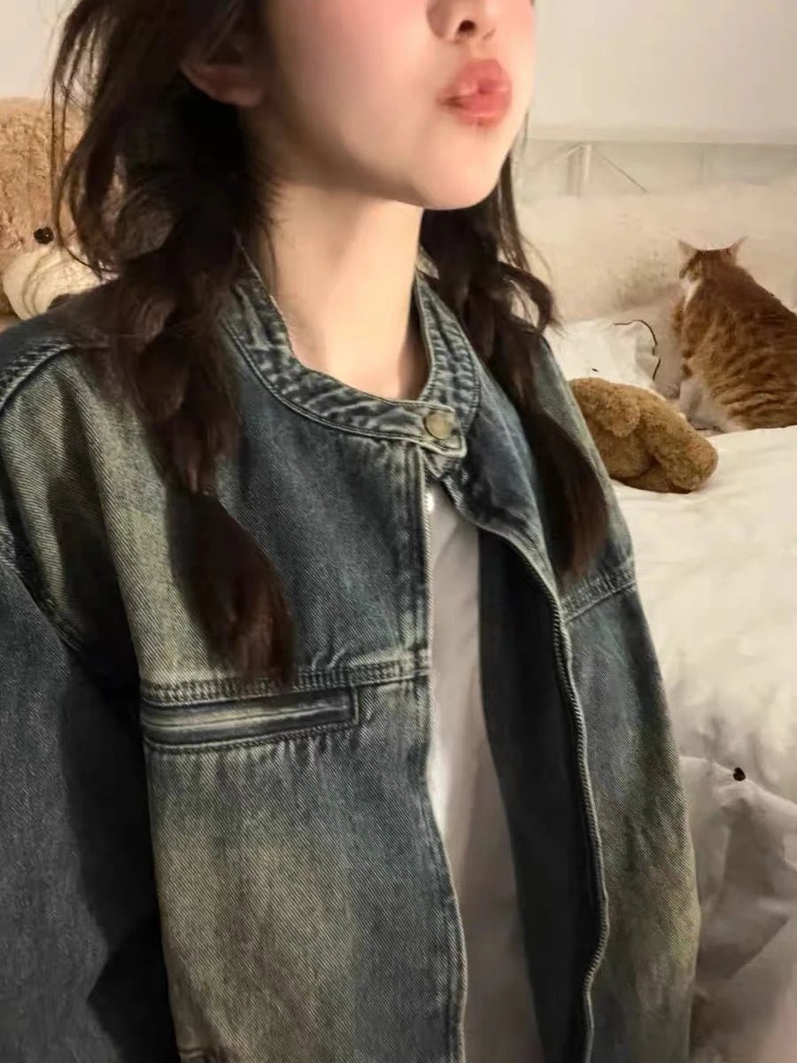 Vintage Washed Denim Jacket - Ruffled Collar